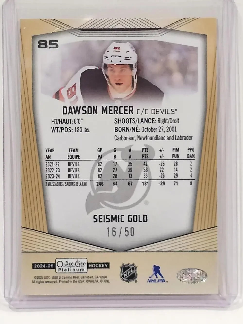 2024-25 O-Pee-Chee Platinum Seismic Gold Dawson Mercer #85 - Limited Edition